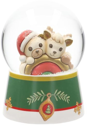 THUN - Boule de Neige con Teddy e Renna Robin con Arcobaleno in Resina, Ceramica e Vetro, Versione Grande, Linea Desideri di Natale, 10 cm