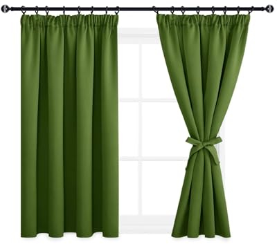 DWCN Vorhänge Wohnzimmer Blickdicht Kräuselband mit Vorhang-Krawatten Verdunkelungsgardinen Wärmeisolierend Thermovorhang für Schlafzimmer, 145x140cm(HöhexBreite), Oliv Grün, 2er Set