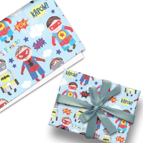 Glick Luxus Flat Wrap, drei Bögen Super Hero Pop Comic Geschenkpapier, perfekt für Geburtstage & andere Anlässe, 50 x 70 cm wenn geöffnet, blau