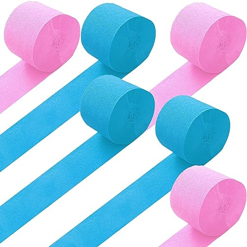 BRZIKWT Crepe Paper Streamers 6 Rolls Pink Blue Streamers - Party Streamers 1.8 Inch x 82 Ft/Roll