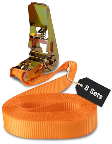 Rapid Spanngurte mit Ratsche 8 Stück - 25mm x 4m einteilig/bis zu 800kg belastbarer reißfester Zurrgurt/schnelle und sichere Zurrgurte mit Ratsche orange/Zurrschlaufen für 800 daN (0,8t)