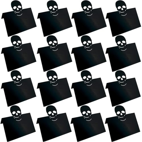Lot de 25 cartes de table vierges noires effrayantes en forme de tête de mort pour Halloween, mariage, décoration de table
