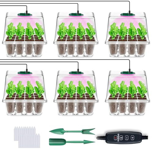 YAUNGEL Zimmergewächshaus Anzuchtkasten mit Pflanzenlampe, 6 Stück Mini Gewächshaus Anzucht Set mit Timing-Controller einstellbare Helligkeit, verdicken Gewächshaus, Transparent