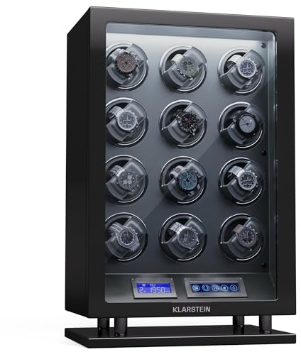 KLARSTEIN Remontoir de Montre pour 12 Montres automatiques, Porte en Acrylique, LED Bleues, 5 réglages TPJ, Remontoir Automatique pour Montre
