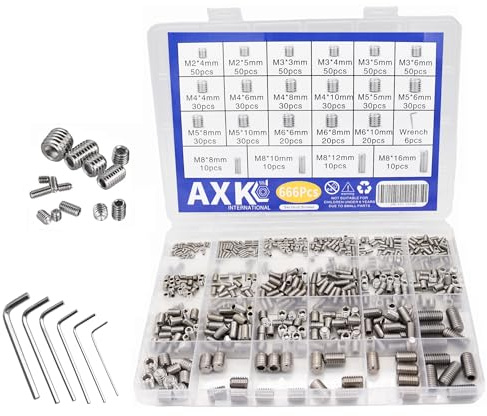 AXK 666Pcs Flat Point Set Screw Stainless Steel Hexagon Socket Grub Screw Kit M2 M3 M4 M5 M6 M8 Headless Screw Set Assortment Kit