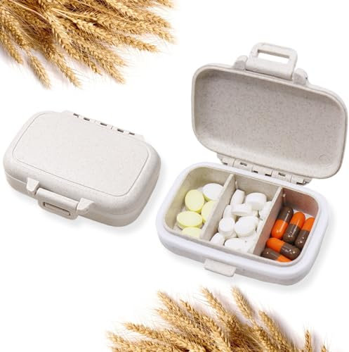 JUNIPLTER 2 Pack Small Pill Box with 3 Compartment - Daily Pill Case for Pocket & Travel, Portable Pill Organizer Box for Vitamins, Fish Oils (Beige)