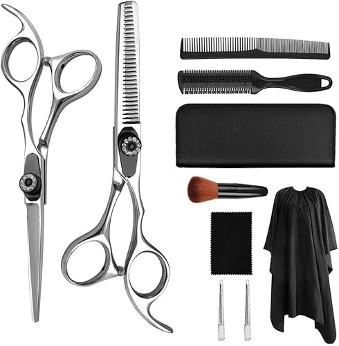 CrEev Friseurscheren, Friseurscheren-Set, professionelles Haar-Ausdünnungs-Schneidscheren-Set, Herren- und Damen-Salon-Friseur-Schneidset, Silber, 6,0-Zoll-Set