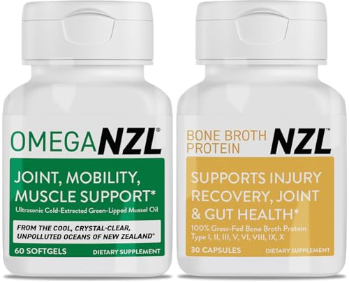 OMEGANZL Omega-3 Natural Joint Relief Supplement Natural Muscle Support, Green-Lipped Mussel Oil Joint Support, No Fishy Aftertaste, 60 Softgels Plus one Bottle of Bone Broth Protein 30 Capsules
