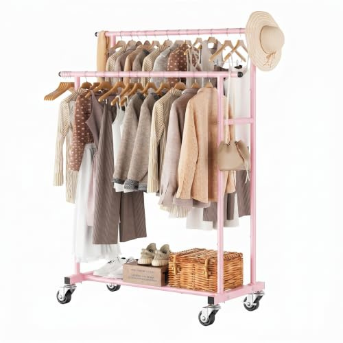 Calmootey Double Rod Clothing Garment Rack,Rolling Hanging Clothes Rack,Portable Clothes Organizer for Bedroom,Living Room,Clothing Store,Pink