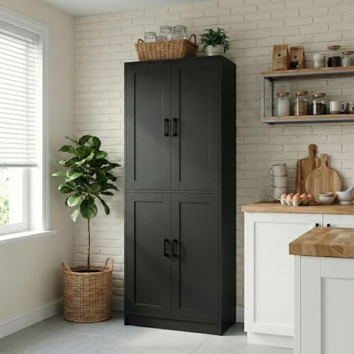 DIYART 71 Tall Kitchen Pantry Cabinet, Freestanding Food Storage Organizer with Doors & Adjustable Shelves, Large Utility Hutch Cupboard for Dining Room, Kitchen & Home Office, Black