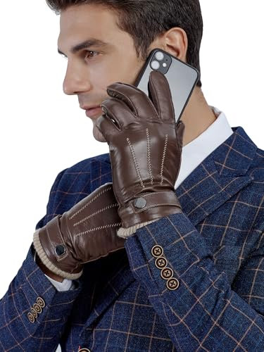 GSG SINCE 1998 Chromfrei Lederhandschuhe Herren Winter-Fahrhandschuhe mit warmer Wollfütterung Touchscreen Schaffellhandschuhe Braun L