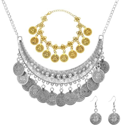 FDCGAS indischer schmuck - Kostüm Accessoires, Gold Vintage Münze Schmuck 4 Stück Set für Piraten, Bauchtanz Dress Up, Boho-Stil Halsketten,Ohrringe für Frauen und Mädchen,Accessoire, Mottoparty