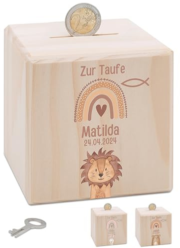 wunderwunsch® - Personalisierte Spardose Kinder aus Holz mit Metallschloss - Spardose mit Namen mit kinderfreundlichem UV-Druck zum Sparen für Kinderträume (Löwe)