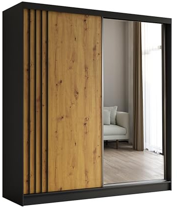 Margaret Hadas24 Kleiderschrank mit Lamellen und Spiegel, Organizer, Mehrzweckschrank, Schwebetürenschrank, Garderobenschrank, Kleiderstange, Kleiderständer, Flurschrank, 200 cm, schwarz, braun