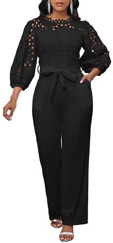 IWFEV Women's Jumpsuit Puff Sleeve Lace Jumpsuit Mid-Calf Short Sleeve Hollow Party Evening Romper with Pockets M Black