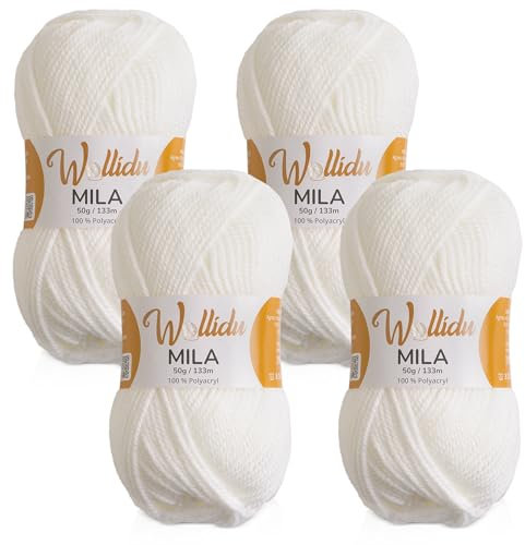 Wollidu Mila Garn zum Häkeln und Stricken 4 x 50g/133m Strickgarn 100% Polyacryl Häkelgarn Weiß