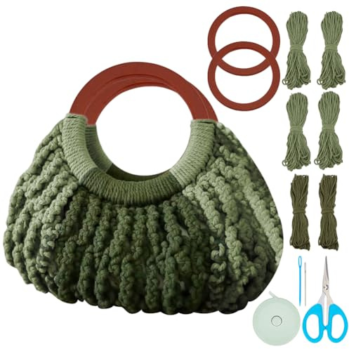 WEBEEDY Kit di borse macramè fai-da-te in verde con manico in legno e istruzioni video, set all'uncinetto per adulti e principianti, decorazione boho estiva regalo