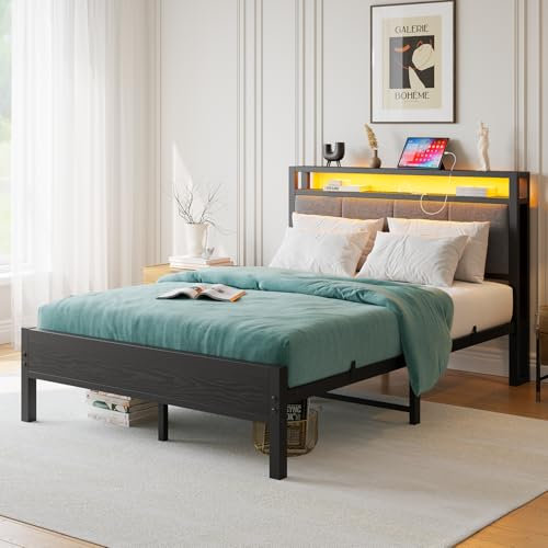 FOUBAM 4FT6 Double Bed Frame with LED Lights and Charging Station, Heavy Duty Metal Platform Upholstered Bed frame with Storage Fabric Headboard,Metal Slats Support,Mattress Foundation (Black)