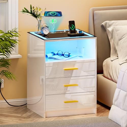 Gurexl LED Bedside Table with Wireless Charging Station, Bedroom Bedside Table with Smart Night Stand with 3 Drawers Modern Bedside Tables for Bedroom, Living Room(White)