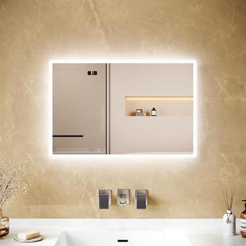 LOMIKEN 40x60x3,5cm Spiegel mit Beleuchtung, Von hinten beleuchteter Badezimmerspiegel, an der Wand montierter LED-Kosmetikspiegel mit 4 mm kupferfreiem Silberglas, Aluminiumrahmen