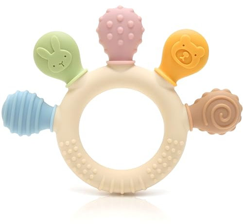 CAJA Beißring Baby BPA freie Zahnungshilfe und Beißspielzeug aus Silikon Greifring mit strukturierten Oberflächen sensorisches sicheres Babyspielzeug zum Zahnen Geschenkidee zur Geburt Jungen Mädchen