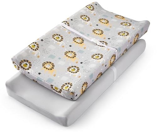 TILLYOU Wickelunterlagen-Set aus weichem Jersey-Material – passend für 81,3 cm x 40,6 cm konturierte Pads für Babys, Löwenparadies und Grau