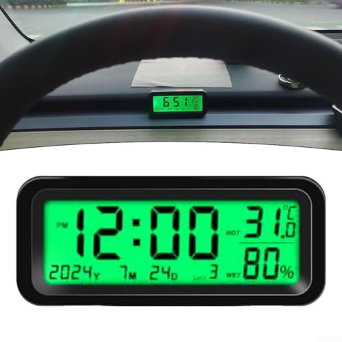 Mini reloj digital para salpicadero de coche, 8 x 3 x 3,5 cm, funciona con energía solar, pantalla de fecha, temperatura, humedad, retroiluminación automática, para vehículos, coche (azul verde)