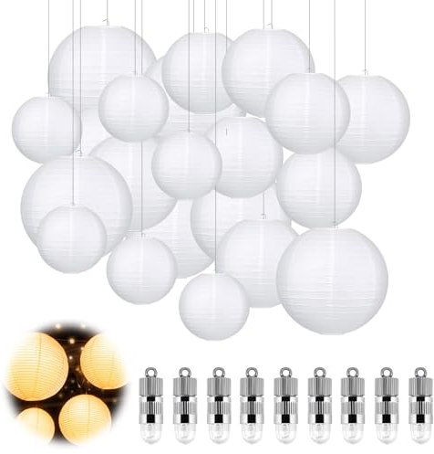 GothicBride 30 lanterne di carta bianche con luci a LED, classico paralume a coste, rotonde, con 30 luci a LED, luce bianca calda, lanterne di carta da appendere per decorazioni da giardino (Ø 15/20