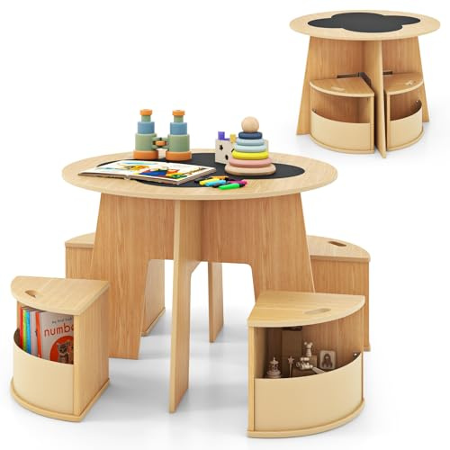 INFANS Toddler Table and Chair Set with 4 Storage Stools, Wooden Flower Shaped Nesting Table with Blackboard Drawers, Children Multi-Activity Table for Art Crafts Draw Read Boys Girls 3+