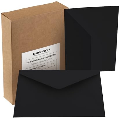 Emerson Briefumschläge bunte postkarten blanko C6 (25 Stück) Kuvert, blanko karten zum selbstgestalten, Grußkarten - 130g 114x162 mm, mit beiliegenden gefalteten Karten 210g 105x148 mm - Schwarz