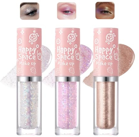 Liquid Glitter Eyeshadow Set, 3 Shades, Iridescent and Metallic Finish | Clear pink-capped tubes, silvery, pink-lilac and rose-gold colours, for day makeup, evening looks and eye-line accents