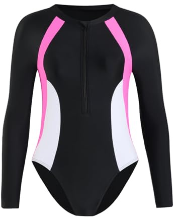 Xumplo Swimming Costume Girls One Piece Long Sleeve Swimsuits Teens Color Block Zipper Swimwear Kids Bathing Suit 11-12 Years
