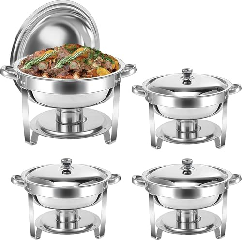 WJYTDHIQS Buffets Chauffants Ronds 4PCS Chafing Dish 5L en Acier Inoxydable avec Couvercles Plats Bains Maries Supports de Combustible pour Restaurants Traiteurs Fêtes Mariages Pique-niques
