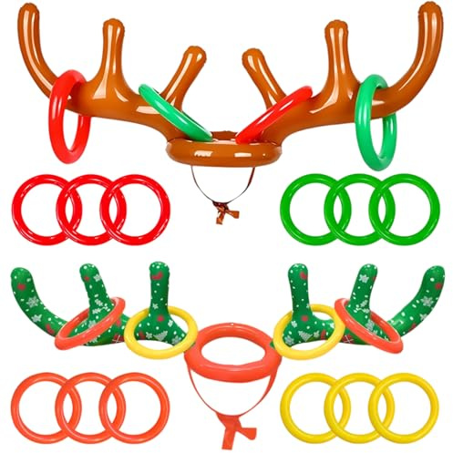 Aufblasbares Rentiergeweih-Spiel, 2 Set Weihnachten Aufblasbares Ringwurfspiel mit 12 Stück Ringen, Weihnachtsspiele für Party Büro Spiele Familie Freien
