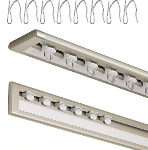 Ultraflache Vorhangschiene 1 Laufig, Geräuscharme Gardinenschiene, 50-600 cm Decken oder Wandmontage, Aluminium Gardinenstange Für Fenster Raumteiler(Champagner,170cm)