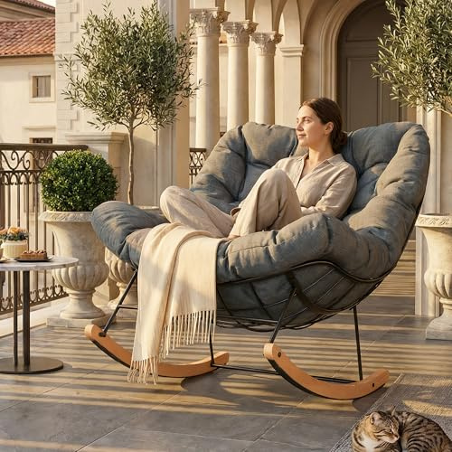 FLEXISPOT Sillón Mecedora Diseño XL con Cojín y Reposacabezas | Mecedora de Interior y Exterior con Balanceo Suave, Diseño Moderno para Salón, Balcón, Terraza y Jardín