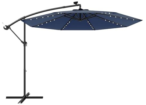 Ombrellone Decentrato 3x3 Metri Con Luci LED A Energia Solare Inclinabile Con Manovella Camino Antivento Ampia Copertura Per Giardino Terrazza Patio Piscina Area Ombra 7 M² 300x250 Cm Blu