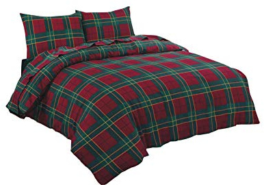 NZ Tartan Check Luxurious Flannel 100% Natural Brushed Cotton Thermal Duvet Cover Sets Reversible Bedding Sets (Red, King)