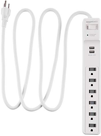 Amazon Basics Power Strip Surge Protector with 6 Outlets, 2 USB Ports, 1000 Joule Protection, 6-Foot Extension Cord, White