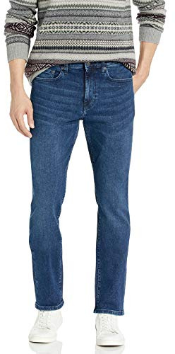 Amazon Essentials Vaqueros Elásticos y Cómodos de Corte Ajustado Recto - colores interrumpidos Hombre, Añil Medio, 35W / 34L