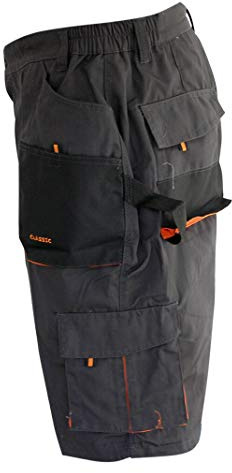 ART MAS Classic Men's Trade Summer Protective Short Work Pants for Men Safety Shorts Elasticated Waist (36W / XL / EU52, Dark Grey with Orange Inserts)