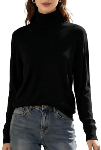 SANGTREE Women's Turtleneck Sweater Long Sleeve Lightweight Pullover Sweater Tops Black, XL