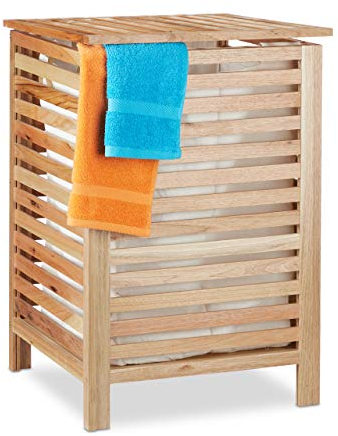 Relaxdays Wäschetruhe Walnuss, eckiger Wäschesammler mit Deckel, 90 l, entnehmbarer Wäschesack, 65,5 x 45 x 45 cm, Natur