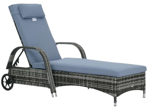 Outsunny Gartenliege Neigbarer Rückenlehne 200 x 73 x 30-103 cm Grau | Sonnenliege, Rattanliege, Gartenmöbel Liege mobil mit Kissen, Liegestuhl Polyrattan+Metall