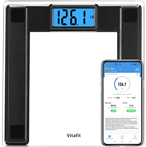 Vitafit 250kg Digital Bathroom Scales for Body Weight and BMI Via Smart APP, High Accuracy Assured by Weighing Professional SINCE 2001, 8mm Tempered Glass, Extra Large Blue Backlit LCD, Black