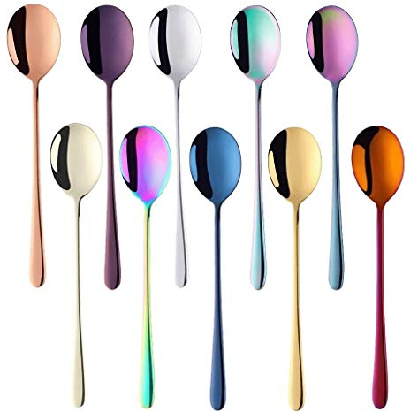 Cucharas de sopa Cuchara sopera 10 piezas de sopa de color cucharas redondo de acero inoxidable cuchara, platos y cubiertos Titanio plateado de Corea Cena Cuchara espesa la sopa Cuchara 8.1in / 6 pulg