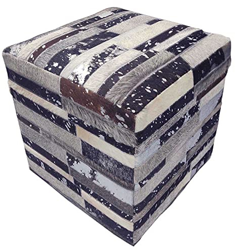 Casa Moro Patchwork Fell-Hocker Rinara 45x45x48 cm (B/T/H) aus echtem Fell & Holz Sitzhocker Luxus Ledersitzkissen Pouf edel Polsterhocker HH5903