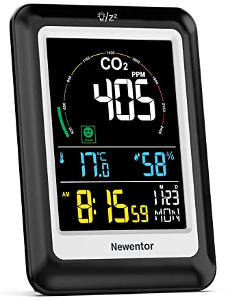 Newentor CO2 Messgerät, 4 CO2-Konzentrationsstufen mit Alarm und Lüftungsempfehlungen, Batteriebetrieb & USB-Anschluss mit 3 Helligkeitsstufen, für Schulen, Büro, Wohnzimmer, NDIR, Schwarz, 1er Pack