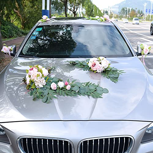 Duories Autoschmuck Dekoration für Hochzeit,Braut Paar Rose Pfingstrose Vine Girlande Künstliche Blumen Pflanzen Deko für Wedding Car Autodeko Hochzeitsdeko Auto Blumenschmuck Hochzeitsauto Deko,Rosa