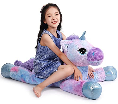 Yeqivo Riesen Einhorn Spielzeug Plüsch - Großes Regenbogen Lila Kuscheltier - Schöne Geburtstagsdekoration und Geschenke für Kinder und Mädchen (110CM, Blau)